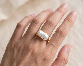 Quiet Luxury Baroque Pearl Open Ring | Organic Irregular Rectangle Baroque Pearl, 18K Gold Plated Adjustable Band, Wabi Sabi Natural Pearl