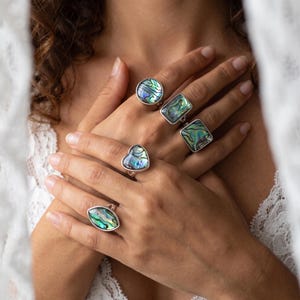 Kollektion av justerbar öppen ring med naturlig abalone-snäcka, fyrkantig rund hjärtformad markis, epoxiharts i statement-stil, bohemisk silverfärgad ring för kvinnor