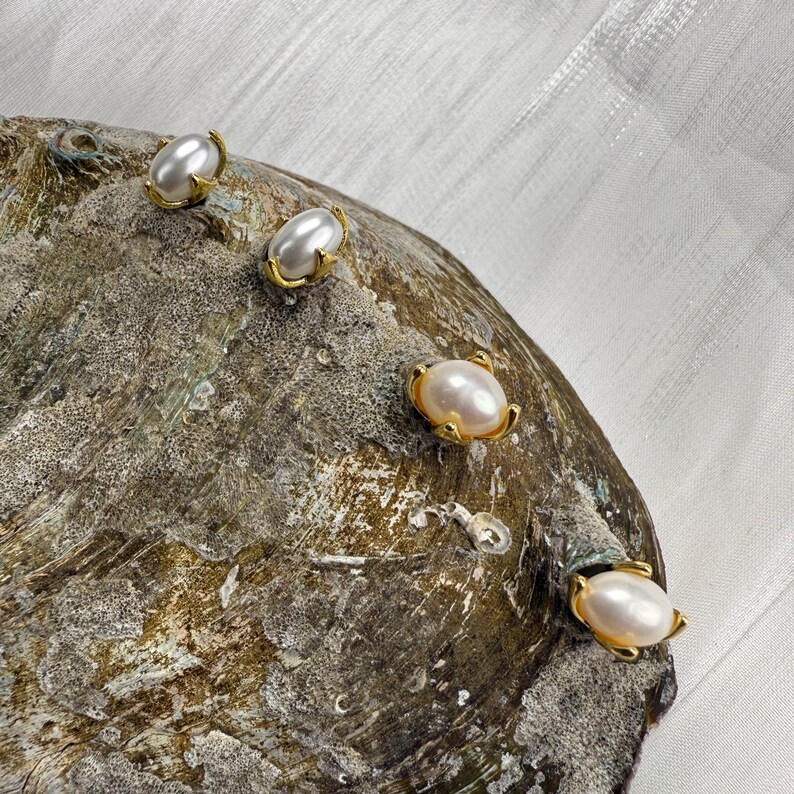 Tiny Four Prong Natural Pearl/Composite shell bead Stud Earrings, Mini Oval Pearl Earrings, 925 Silver Posts Dainty Stackable Pearl Studs image 6