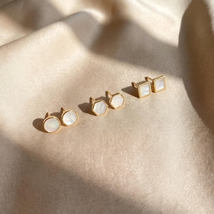 Minimalist White Mother of Pearl Stud Earrings 3 Shapes Round/Square/Hexagon, Gold Bezel Framed, 925 Silver Sensitive Ear