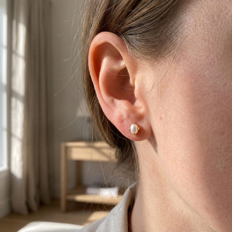 Tiny Four Prong Natural Pearl/Composite shell bead Stud Earrings, Mini Oval Pearl Earrings, 925 Silver Posts Dainty Stackable Pearl Studs image 2