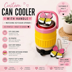 May include: A custom can cooler with a handle, designed to fit 12oz cans. The cooler is 3D printed and comes with a matching keychain opener. The cooler is pink, yellow, white, and black, with a pencil-themed bow design. The text on the cooler says "Custom Can Cooler".