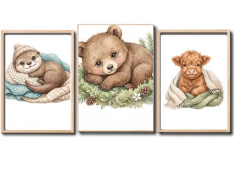 Woodland Nursery Decor Set of 6, Neutral Forest Animal Baby Prints, Printable Nursery Wall Art