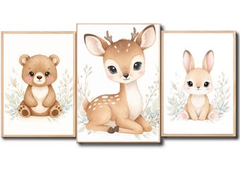 Woodland Nursery Wall Art Set Printable – Neutral Forest Animal Baby Room Decor, Woodland Nursery Prints for Kids Room