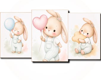 Bunny Balloon Nursery Prints Set of 3, Neutral Nursery Wall Art, Bunny Wall Art, Gender Neutral Kids Room, Digital Download