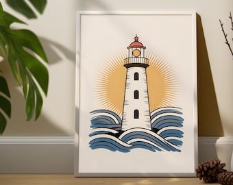 Coastal Lighthouse Print, Modern Nautical Wall Art, gift, art,
