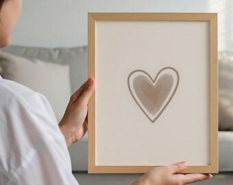 Minimalist Beige Heart Print, Modern Line Art, Gift art
