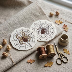Op de afbeelding: Twee crèmekleurige, achthoekige onderzetters met geborduurde spinnen en spinnenwebben. De spinnen en webben zijn gedetailleerd met bruin en zwart garen. De afbeelding bevat ook garenklosjes, een schaar en gedroogde bladeren.