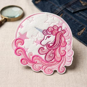 May include: Embroidered patch with a pink unicorn design, featuring a flowing mane and a silver horn, on a white background with pink stars. The patch has a decorative, swirling border. Suitable for clothing and accessories.