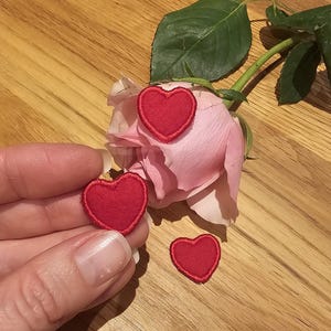 Könnte beinhalten: Eine rosa Rose mit grünen Blättern und drei kleinen roten herzförmigen Aufnähern. Ein Herz wird von einer Hand gehalten. Die Artikel befinden sich auf einer Holzoberfläche.