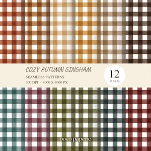 Könnte beinhalten: Eine digitale Sammlung von 12 nahtlosen Gingham-Mustern in verschiedenen herbstlichen Farben wie Rost, Braun, Beige, Olivgrün, Dunkelblaugrün und Kastanienbraun. Der Text lautet COZY AUTUMN GINGHAM, SEAMLESS PATTERNS, 300 DPI, 4000 X 4000 PX, 12 PNG.