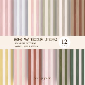 May include: A collection of 12 seamless digital patterns featuring vertical watercolour stripes in various muted tones including pink, blue, green, yellow, and brown. The text reads BOHO WATERCOLOR STRIPES, SEAMLESS PATTERNS, 300 DPI, 4000 X 4000 PX, 12 PNG, and poco paperie.