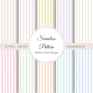 May include: A selection of ten seamless watercolor stripe patterns in pastel shades, such as pink, green, and blue. The image shows vertical stripes with a soft, painted effect. The text reads "Seamless Pattern Watercolor Stripe".