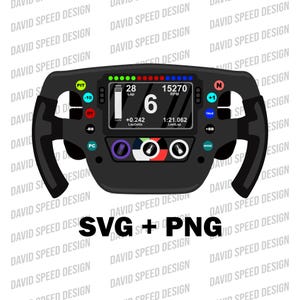 May include: Black racing steering wheel with digital display showing lap time, RPM, and other data. The wheel has multiple buttons and a "SVG + PNG" text overlay. The design includes the text "DAVID SPEED DESIGN".
