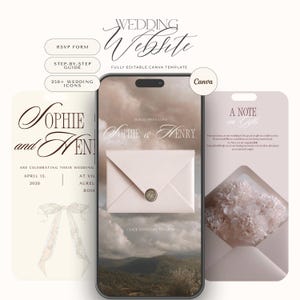 Romantic Wedding Website Template Canva Editorial | Canva RSVP Form Pink Envelope Digital Invitation