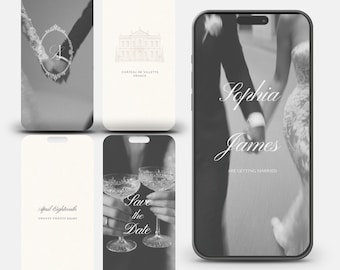 May include: A digital wedding invitation set displayed on a smartphone and four separate vertical cards. The designs feature black and white photography of a couple holding hands, crystal glasses, and text including Sophia and James, Save the Date.