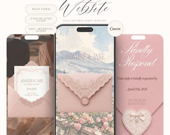 May include: A digital wedding website template for Canva featuring a smartphone display with a pink envelope graphic, a watercolor mountain background, and text including Adaline & Jake, RSVP form, and Kindly Respond with a heart icon.