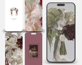May include: A set of five digital mobile phone screens displaying wedding invitation templates. The designs feature floral arrangements with white and burgundy flowers, a wax seal, and text including "Save the Date," "Lake Como, Italy," and "Sealed with Love."