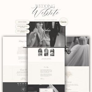 Trouwwebsitesjabloon Canva | Bewerkbare digitale uitnodiging | Elegante RSVP-website | Black Tie-bruiloft | Old Money | Zwart-wit/ivoor