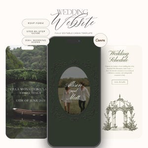 May include: A digital wedding website template for Canva featuring three mobile screen layouts. The designs include text for Villa Monastero, Lake Como, 13th of June 2028, Allison and Matt, and Wedding Schedule, alongside icons, an RSVP form, and a guide.