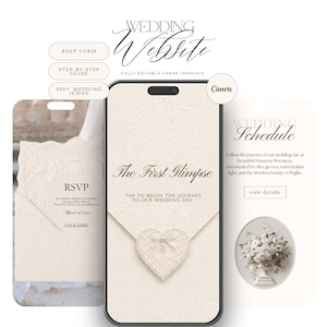Puede incluir: Una plantilla de sitio web de bodas digital en la pantalla de un teléfono inteligente, con fondo color crema con relieve floral, un icono de corazón y texto que incluye "The First Glimpse", "RSVP" y "Wedding Schedule" para Canva.