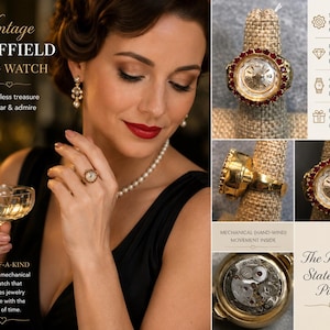 Anillo mecánico vintage de Sheffield / Anillo ajustable de oro con diamantes de imitación de color rojo rubí / Movimiento mecánico suizo / Anillo único y llamativo