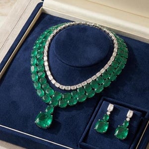 Può includere: Un set di gioielli composto da una collana a più fili e orecchini pendenti abbinati. La collana presenta due file di gemme verdi ovali e un pendente centrale verde taglio smeraldo, arricchito da una fila di pietre chiare taglio baguette.