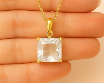 Clear Quartz Square Necklace | Gold & Silver Plated | Faceted Crystal Pendant | Minimalist Healing Jewelry Gift