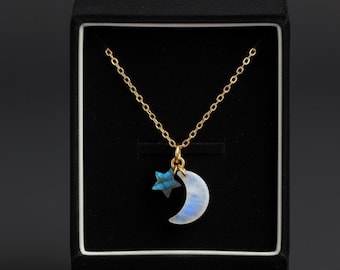 Collar con colgante de estrella de labradorita y piedra lunar / Joyería celestial bañada en oro y plata / Collar de cristal curativo