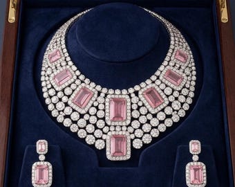 Set smaragd geslepen zirkoonhalskettingen | Choker met diamanten statement-slabbetje met bijpassende oorbellen