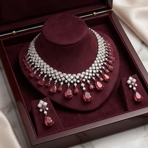 Op de afbeelding: Een sieradenset bestaande uit een ketting en twee bijpassende oorbellen. De ketting heeft een raster van heldere stenen met bungelende peervormige rode stenen. Elke oorbel bestaat uit een cluster van heldere stenen met een rode peervormige druppel.