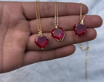Lab Grown Ruby Heart Pendant Necklace | Gold/Silver Plated, July Birthstone