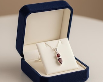 Natural Garnet Pendant Necklace | Round & Pear Dual Stone | January Birthstone Jewelry | Elegant Gemstone Necklace