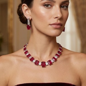 May include: A necklace and matching drop earrings featuring rectangular-cut deep red gemstones alternating with smaller, clear rectangular-cut stones set in a metallic frame. The necklace sits at the base of the neck, and the earrings hang from the earlobes.