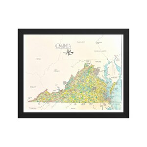 Puede incluir: Mapa enmarcado de Virginia con detalles coloridos, incluyendo ciudades, carreteras y características naturales. El mapa está dibujado a mano con la palabra "VIRGINIA" en la parte superior y una firma. El marco es negro.