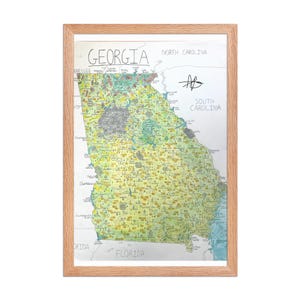 May include: A framed map of Georgia, hand-drawn with colorful details. The map includes the state's borders, cities, and surrounding states like Florida and South Carolina. The frame is made of light-colored wood.