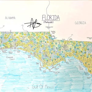Getekende kaartprint Florida Panhandle, muurkunst in Atlasstijl