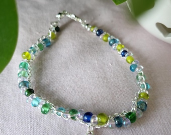 Blue and Green Beaded Bracelet with Turtle Charm. One of a Kind Bracelet.Turtle Lover Gift