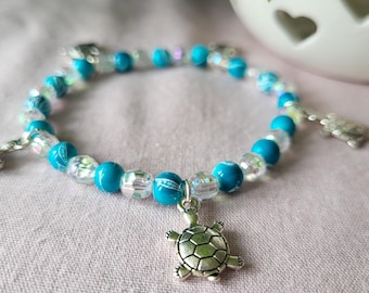 Turquoise and Clear Beaded Turtle Charm Bracelet. One of a Kind Bracelet. Turtle Lover Gift