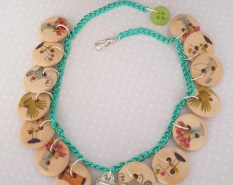 Gardeners Button Charm Bracelet. Wheelbarrow, Garden, Gardening, Plants, Flowers. Gift