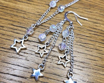 Silver Tone Star Earrings and Necklace Set. One of a Kind. Nickel Free Wires or Clip On. Star Jewellery Set