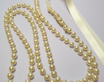 Faux Pearl Necklace with Ribbon Tie Fastening.  Recycled, Upcycled and Unique Jewellery. One of a Kind Necklace. Bridal Necklace