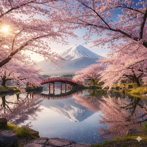 May include: A scenic landscape featuring a red bridge over a lake, framed by blooming cherry blossom trees. The snow-capped Mount Fuji is visible in the background, with its reflection in the water. The scene is bathed in soft sunlight, creating a serene atmosphere.