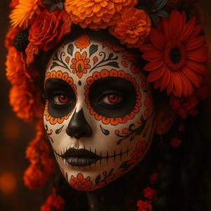 Puede incluir: Retrato en primer plano de una persona con maquillaje del Día de los Muertos. La cara está pintada de blanco con diseños florales naranjas y negros. La persona lleva una corona floral, tiene ojos rojos y lápiz labial negro.