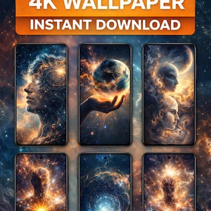 May include: A 6-pack of 4K wallpapers for instant download, each featuring a cosmic theme. The wallpapers display celestial bodies, galaxies, and human figures in a vibrant color palette of blues, oranges, and golds, set against a dark background.