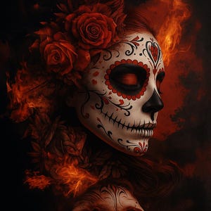 Puede incluir: Ilustración digital con temática del Día de Muertos. El rostro de una mujer está pintado con maquillaje de calavera de azúcar, adornado con rosas rojas y llamas. Una calavera está debajo.