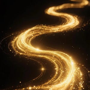 Könnte beinhalten: Abstrakte digitale Kunst mit einem goldenen, sich windenden Lichtpfad vor schwarzem Hintergrund. Der Pfad besteht aus zahlreichen funkelnden Partikeln und leuchtenden Kugeln, die ein Gefühl von Bewegung und Energie erzeugen. Das Bild hat eine verträumte, ätherische Qualität.