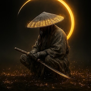 Può includere: Illustrazione digitale di un samurai in abito tradizionale, inginocchiato con due spade. Il samurai indossa un cappello conico ed è ambientato su uno sfondo scuro con una forma di luna crescente luminosa. La scena è illuminata da luce dorata.