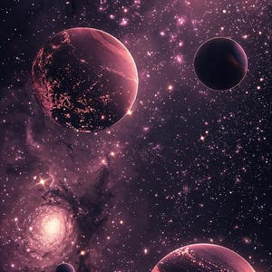 Op de afbeelding: Een digitale kunstafbeelding van een diepe ruimtesc&egrave;ne met planeten, sterrenstelsels en sterren. Het kleurenpalet wordt gedomineerd door tinten paars en roze, met helder licht dat van bovenaf uitstraalt. Verschillende planeten zijn zichtbaar.