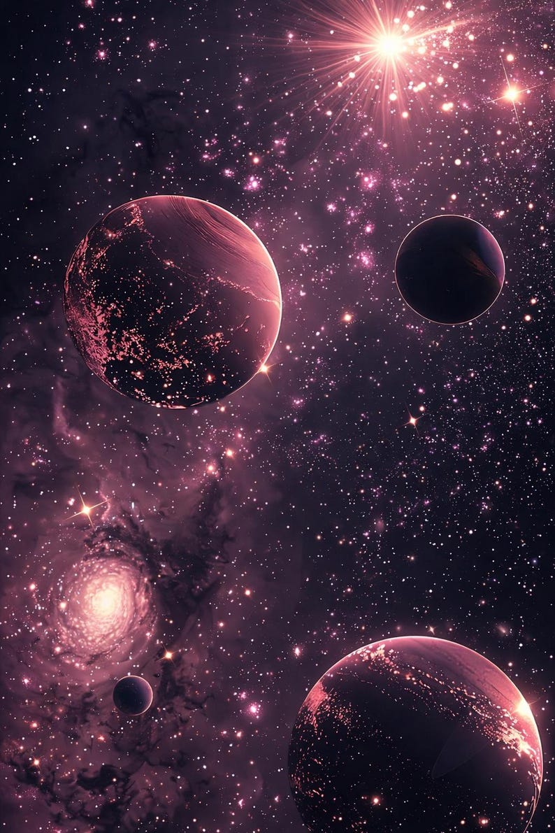Op de afbeelding: Een digitale kunstafbeelding van een diepe ruimtesc&egrave;ne met planeten, sterrenstelsels en sterren. Het kleurenpalet wordt gedomineerd door tinten paars en roze, met helder licht dat van bovenaf uitstraalt. Verschillende planeten zijn zichtbaar.